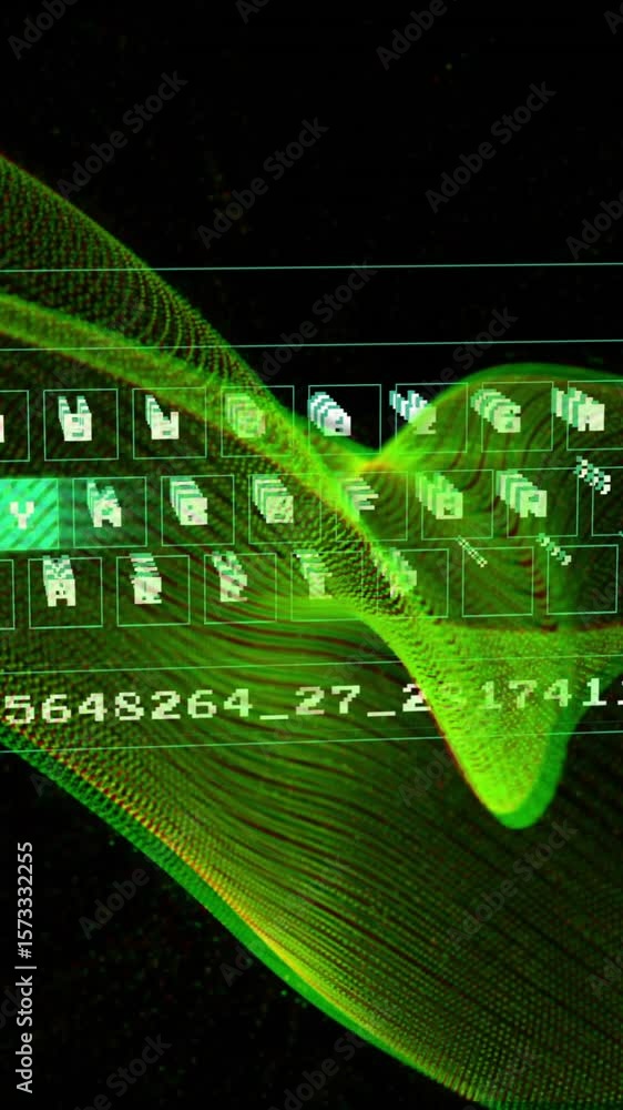 Poster animation of data processing over connections on black background