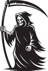 Grim Reaper with scythe Halloween black silhouette vector, spooky simple silhouette design icon on white background, Halloween clipart illustration
