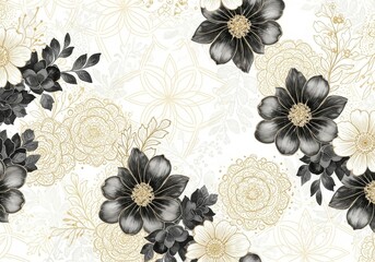 Elegant Black and Gold Floral Pattern - A beautiful pattern featuring black and gold flowers on a white background. Perfect for fabric, wallpaper, or any design project