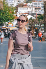ourney, young woman embarks solo journey, middle breathtaking mountain panorama. Embracing self-care digital nomad lifestyle, freedom, adventure and personal growth