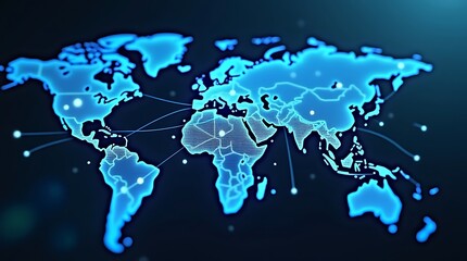 A glowing blue world map displays global network connections