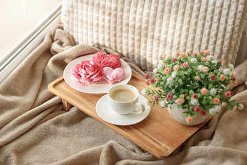 Cozy Valentine's Day Morning: coffee with rose and heart shape marshmallow