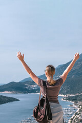 ourney, young woman embarks solo journey, middle breathtaking mountain panorama. Embracing self-care digital nomad lifestyle, freedom, adventure and personal growth