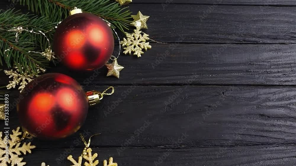 Poster black background with two red and gold christmas ornaments and a snowflake. the snowflake is on the 