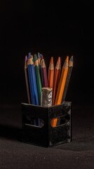 Black-colored pencils in a black pencil holder on a dark background