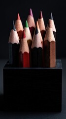 Black-colored pencils in a black pencil holder on a dark background