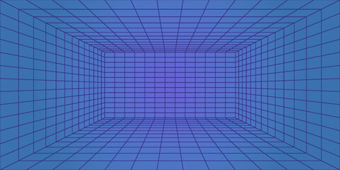 Obraz premium Metaverse VR Wireframe Room Blue Background. Vector Perspective Grid. Futuristic VR Game Geometric Backdrop. Box with Digital Cyber Space. Vector Illustration. eps10. modern