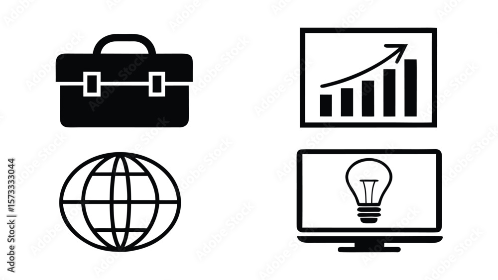 Poster four black business icons including a briefcase growth chart globe and computer with lightbulb