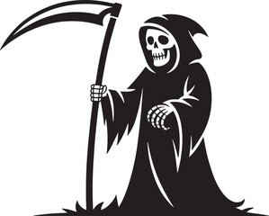 Grim Reaper with scythe Halloween black silhouette vector, spooky simple silhouette design icon on white background, Halloween clipart illustration