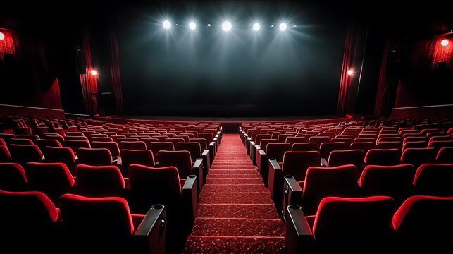 Empty  theater auditorium with red seats.