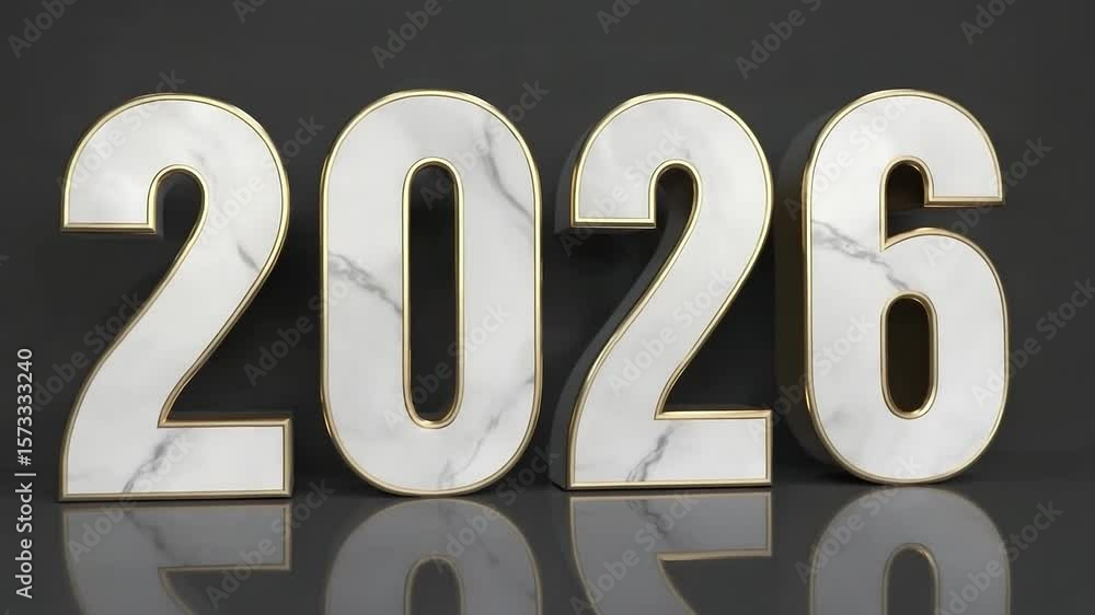 Poster the year is twenty twenty six. the numbers are made of marble and gold. the year is written in a way