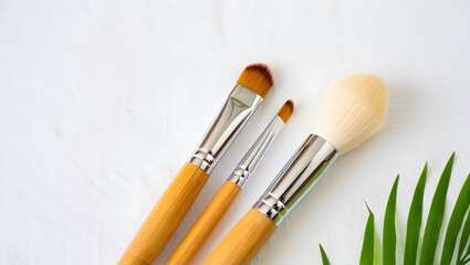 Wooden Makeup Brushes on White Towel with Green Leaf