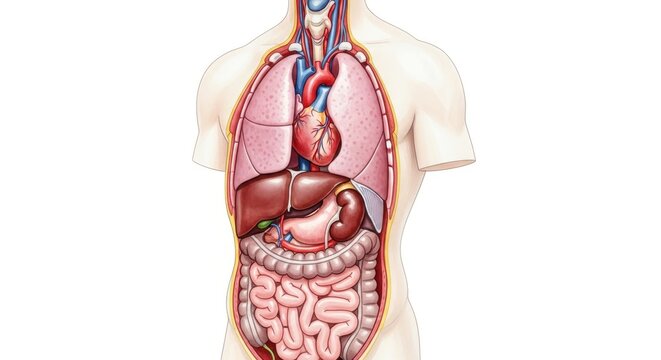 Human Internal Organs Anatomy - Detailed illustration of the human internal organs, including the heart, lungs, liver, stomach, and intestines. Ideal for medical education