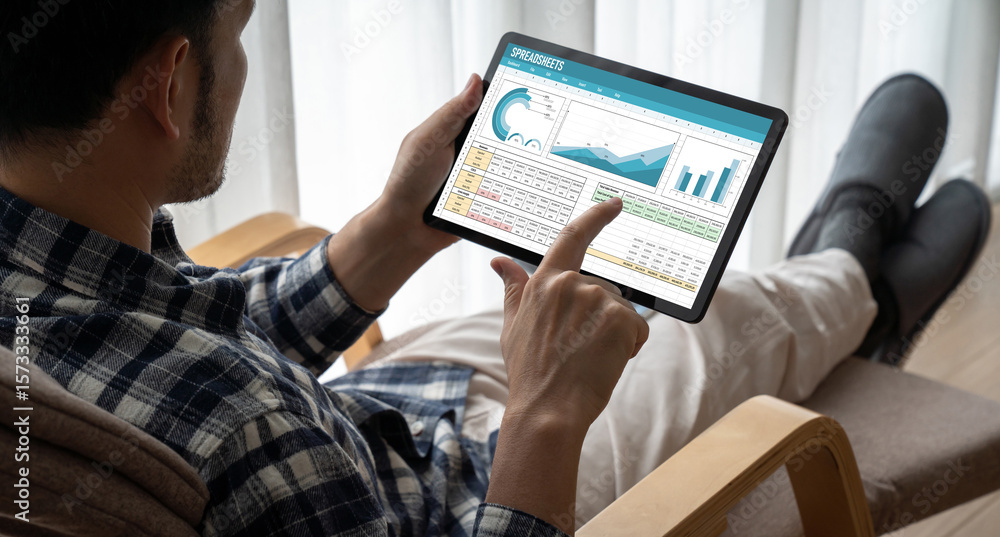 Poster spreadsheet document information financial startup concept. data and graphs in spreadsheet documents