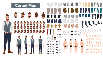 Set of man character vector design. Presentation in various action with emotions, running, standing and walking.