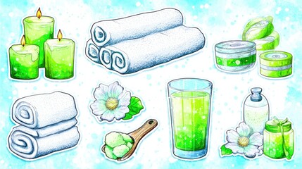 Clipart of white towels, green candles, and spa tools