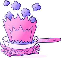 freehand drawn cartoon frying pan on fire in bright neon color