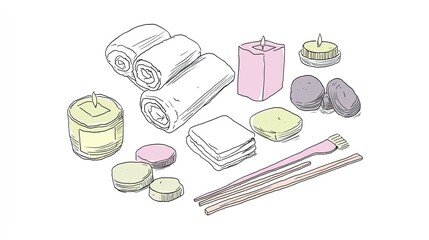 Clipart of white towels, green candles, and spa tools