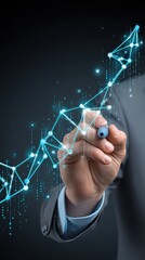 Businessman drawing a growth graph line with a marker on a virtual screen background