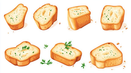 Fototapeta premium A vector set depicting flavored croutons as pieces of seasoned, rebaked bread. 
