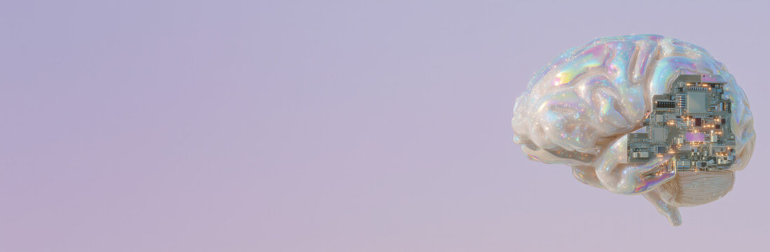 Ein futuristisches Gehirn mit holographischem Glanz und integrierten Schaltkreisen – Symbol für künstliche Intelligenz, Technologie und die Verschmelzung von Mensch und Maschine und Digitalisierung - Powered by Adobe