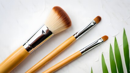 Wooden Makeup Brushes on White Towel with Green Leaf