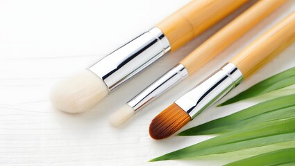 Wooden Makeup Brushes on White Towel with Green Leaf