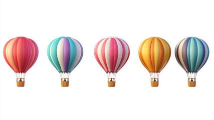 A 3D vector illustration featuring colorful hot air balloons with baskets, traveling through the air and isolated on a white background. 