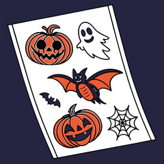 A collection of cute and spooky halloween icons including jack o lanterns a ghost bats and a spider web perfect for seasonal decorations and crafts