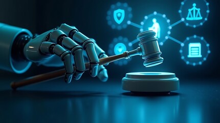 A robotic hand holds a gavel, symbolizing ai in law