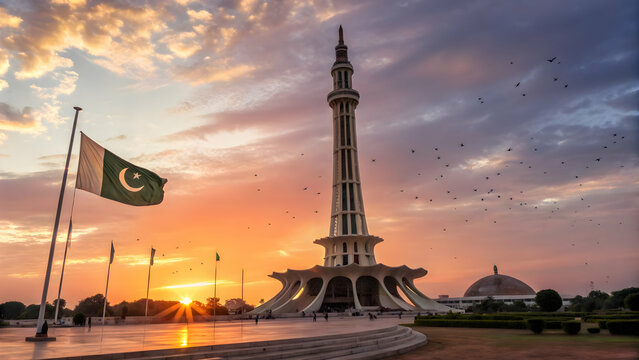 Minar e Pakistan monument at sunset with national flag waving in the sky of Lahore, Pakistan, a landmark.