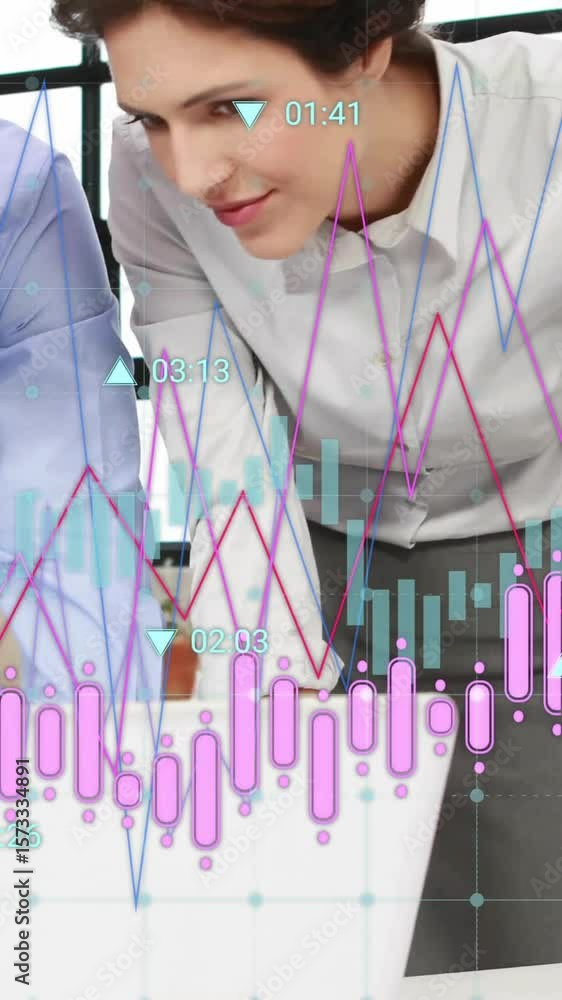 Aufkleber animation of diagrams and data processing over caucasian colleagues discussing work in office