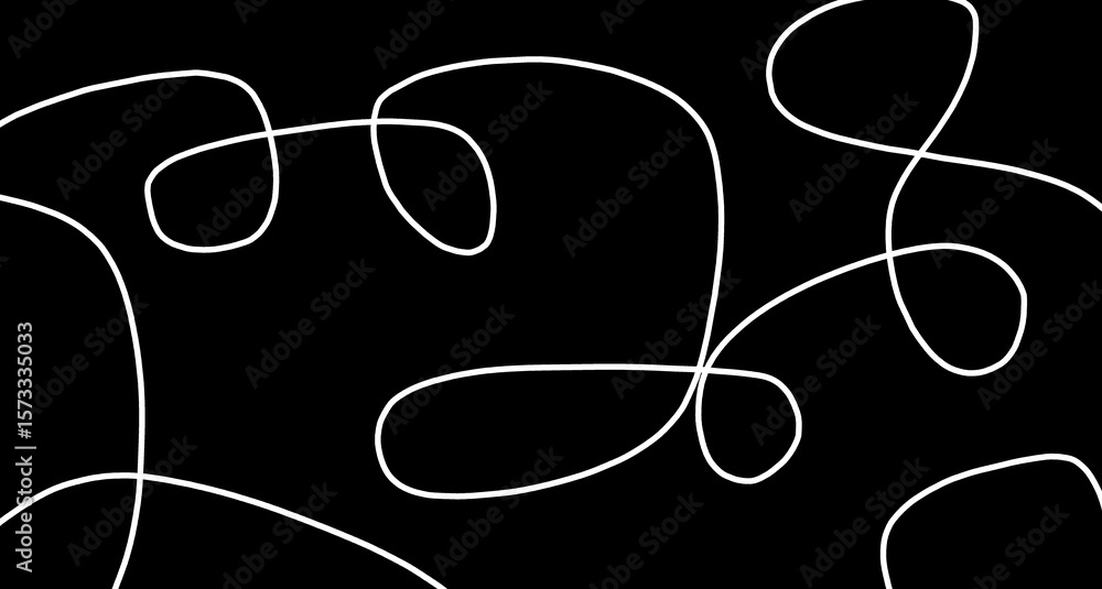 Poster abstract white squiggle line art on black background with looping and twisting shapes