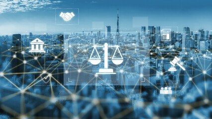 Legal compliance and governance concept showing justice scale, courthouse, contract, policy,...