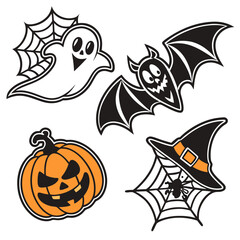Obraz premium A collection of classic halloween icons including a friendly ghost with a spiderweb a spooky bat a carved jack o lantern pumpkin and a witch s hat with a spider on a web