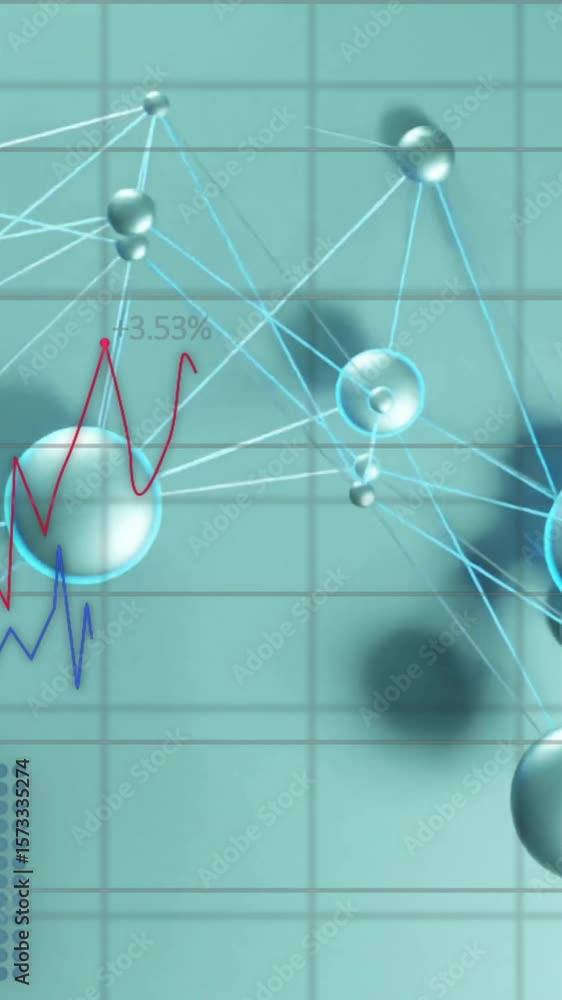 Poster animation of financial data processing and network of connections with icons on grey background