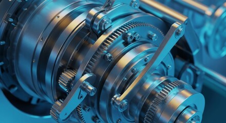 Precision Engineered Gear System - Close-up detailed of a complex metallic gear system, showcasing intricate engineering and precision mechanics.