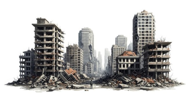 Post Apocalyptic Cityscape Ruins - A desolate urban landscape showing ruined buildings and rubble, suggesting a post-apocalyptic or war-torn setting. A lone figure stands in the distance