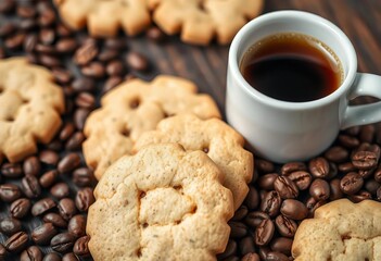 Close-up of tea cookies, coffee beans, and a steaming cup of coffee,   brown sugar,  tea