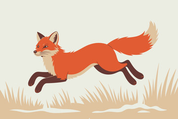 Obraz premium Dynamic fox leaping across a field illustration, a simple animal drawing suitable for children's books and nature projects.
