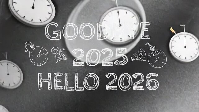 Black and white image of a clock with the words Goodbye 2025 hello 2026 written in white