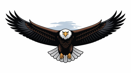Fototapeta premium Majestic bald eagle soars with outstretched wings, a symbol of freedom and American pride gracefully flying against a clear sky.