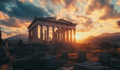 Fototapeta premium The columns, remnants of ancient Greek civilization, rise proudly against the expansive landscape and sunset, symbolizing the lasting grandeur of this historical culture.
