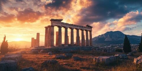 Fototapeta premium The columns, remnants of ancient Greek civilization, rise proudly against the expansive landscape and sunset, symbolizing the lasting grandeur of this historical culture.