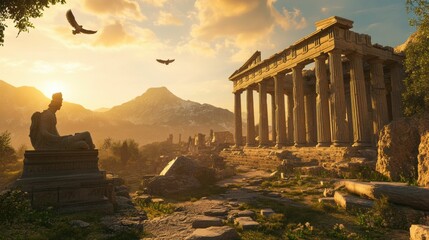The columns, remnants of ancient Greek civilization, rise proudly against the expansive landscape and sunset, symbolizing the lasting grandeur of this historical culture.