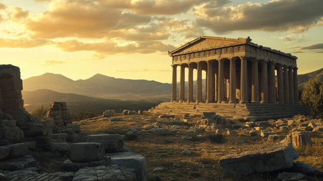The columns, remnants of ancient Greek civilization, rise proudly against the expansive landscape and sunset, symbolizing the lasting grandeur of this historical culture.