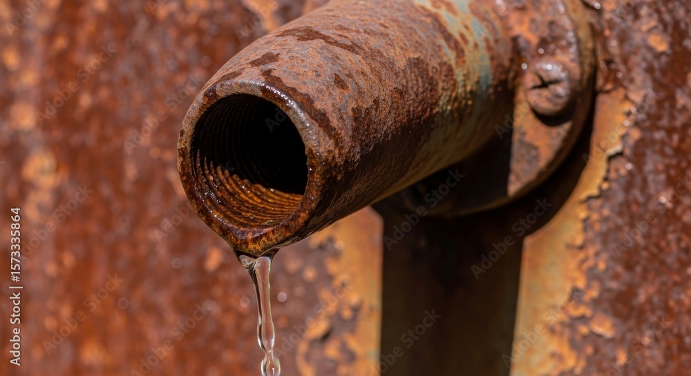 Poster rusty pipe dripping water - close-up of a rusty metal pipe with water dripping from it against a rus
