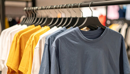 Obraz premium Plain t-shirts of different colors hang on hanger. Blurred store interior. Clothes and fashion.