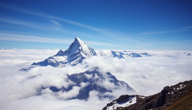 Eiger, M&ouml;nch, Jungfrau peaks dramatically rise above a swirling sea of clouds, viewed from M&uuml;rren-Birg ,  scenery,  high altitude