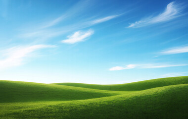 Fototapeta premium Vibrant verdant fields under a bright blue sky filled with fluffy clouds on a sunny day. Image of harmony ,Vibrant Green Grass Field with Blue Sky Horizon Landscape Photo 